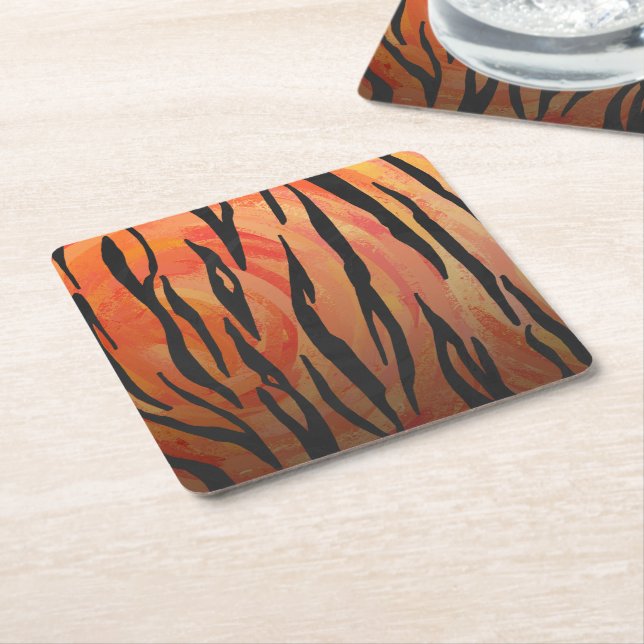 Dessous De Verre Carré Tiger chaud orange et noir (Incliné)