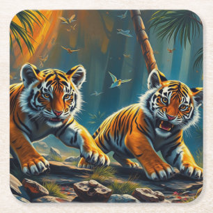 Dessous De Verre Carré Tiger Cubs dans la jungle magique