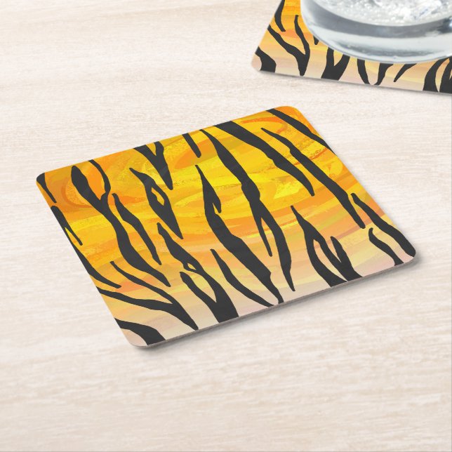 Dessous De Verre Carré Tiger noir et orange (Incliné)