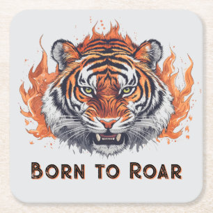 Dessous De Verre Carré Tigre à flammes - Texte personnalisable