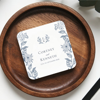 Dessous De Verre Carré Toile française élégante esquisse mariage bleu pou