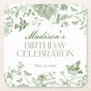 Dessous De Verre Carré Toile Verte De Jouy Vintage Floral Anniversaire