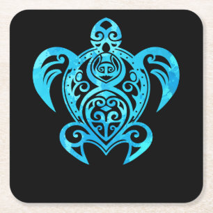 Dessous De Verre Carré Tortue de mer Hawaïenne de la tribu bleu océaniq