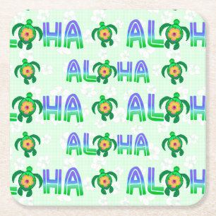Dessous De Verre Carré Tortue tropicale verte aloha hawaïenne