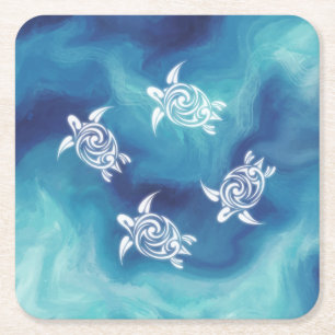 Dessous De Verre Carré Tortues blanches Aquarelle bleu océan