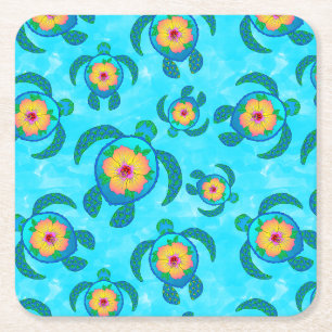 Dessous De Verre Carré Tortues de mer de Honu bleu Hibiscus Fleurs