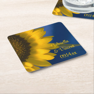 Dessous De Verre Carré Tournesol jaune sur Mariage bleu