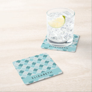 Dessous De Verre Carré Trellis Bleu Marocain, Quatrefoil, Votre Nom