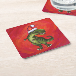 Dessous De Verre Carré TRex Dino à Santa Hat sur Red