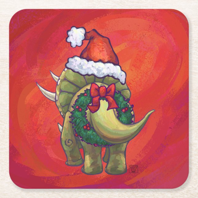 Dessous De Verre Carré Tricératops Noël En Rouge (Devant)
