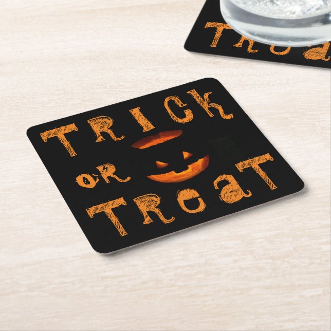 Dessous De Verre Carré Tricoter ou traiter le Citrouille d'Halloween (Incliné)