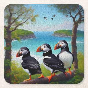 Dessous De Verre Carré Trio côtier : Trois Puffins à la plage d'Oils