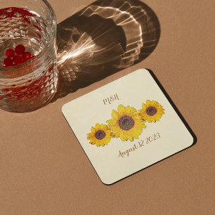 Dessous De Verre Carré trio de tournesols personnalisé - mariage de grang