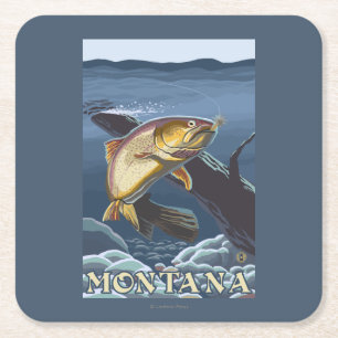 Dessous De Verre Carré Truite pêchant la section transversale - Montana
