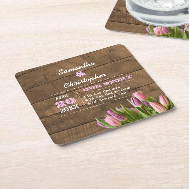 Dessous De Verre Carré Tulipes & Barnwood Pastel Mariage personnalisé (Incliné)