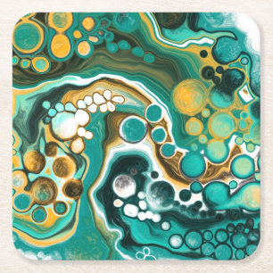 Dessous De Verre Carré Turquoise, Or, Marbre Fluide Art