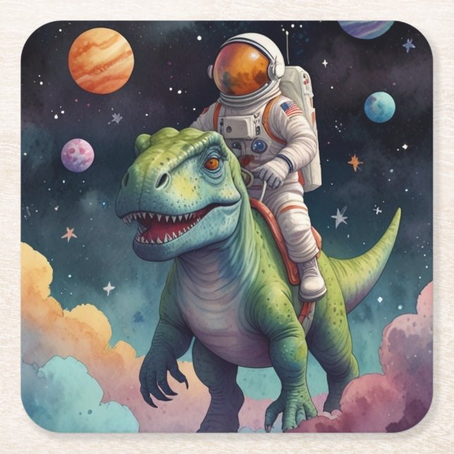 Dessous De Verre Carré Un astronaute sur Dino dans l'espace (Devant)