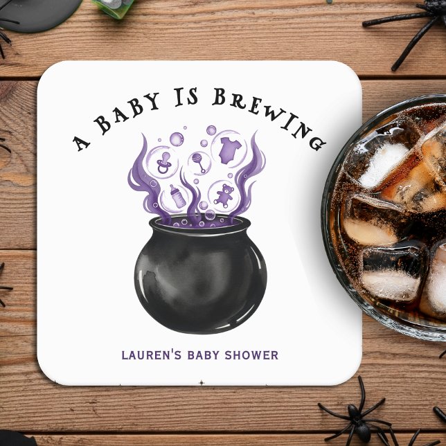 Dessous De Verre Carré Un bébé brasse le Baby shower d'Halloween Cauldron (A Baby is Brewing Cauldron Halloween Baby Shower Square Paper Coaster
)