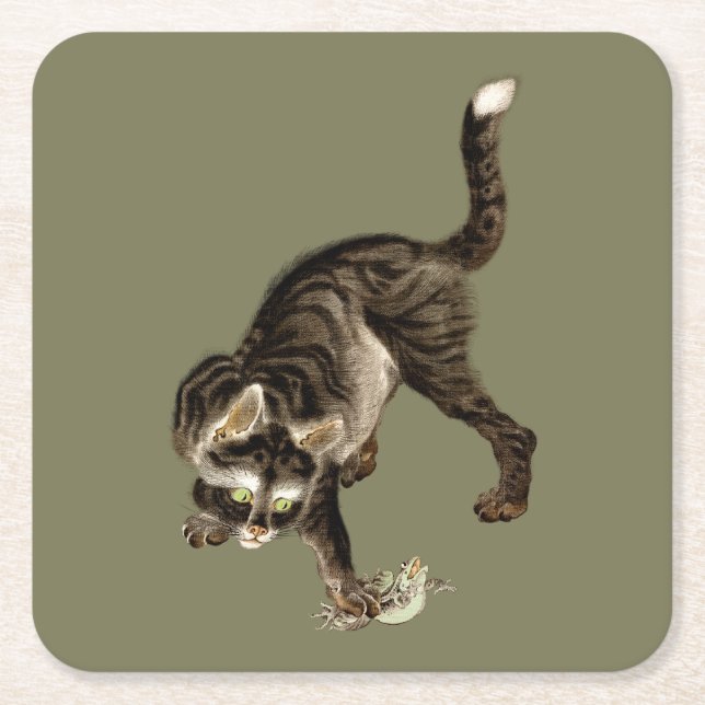 Dessous De Verre Carré Un chat japonais attrape une grenouille (Devant)