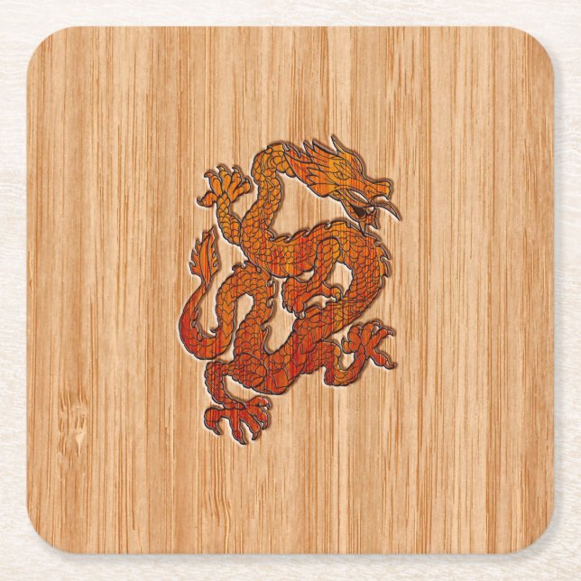 Dessous De Verre Carré Un dragon rouge sur Bambou comme (Devant)