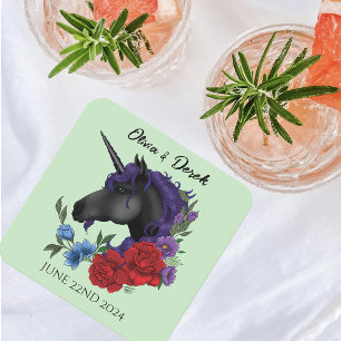 Dessous De Verre Carré Unicorne noire violet Fleurs de Sage Rouge