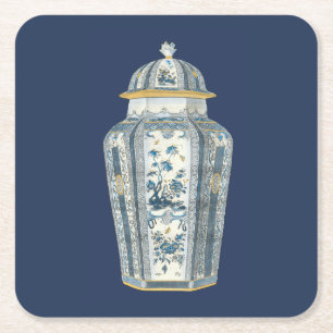 Dessous De Verre Carré Urne asiatique décorative dans bleu et blanc
