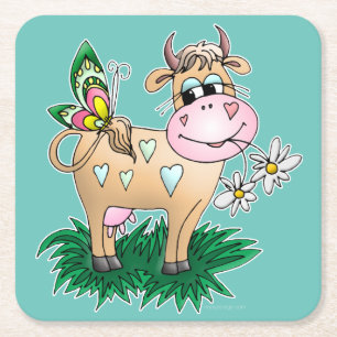 Dessous De Verre Carré Vache et papillon mignons