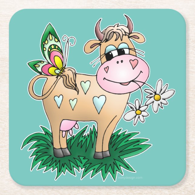 Dessous De Verre Carré Vache et papillon mignons (Devant)