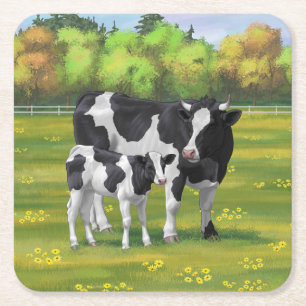 Dessous De Verre Carré Vache Holstein et veau mignon en pâturage d'été