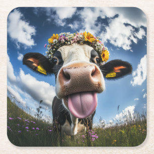 Dessous De Verre Carré Vache joyeuse en fleur