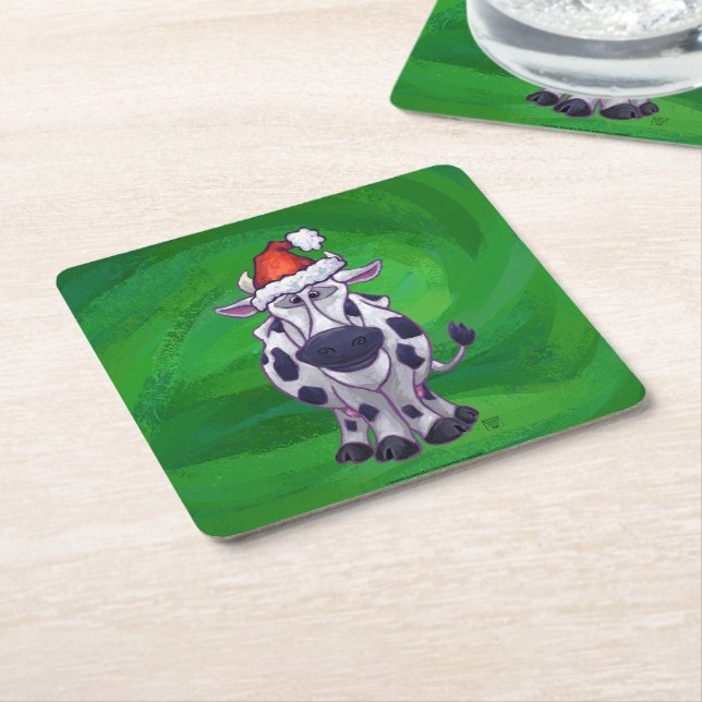 Dessous De Verre Carré Vache Noël sur vert (Incliné)