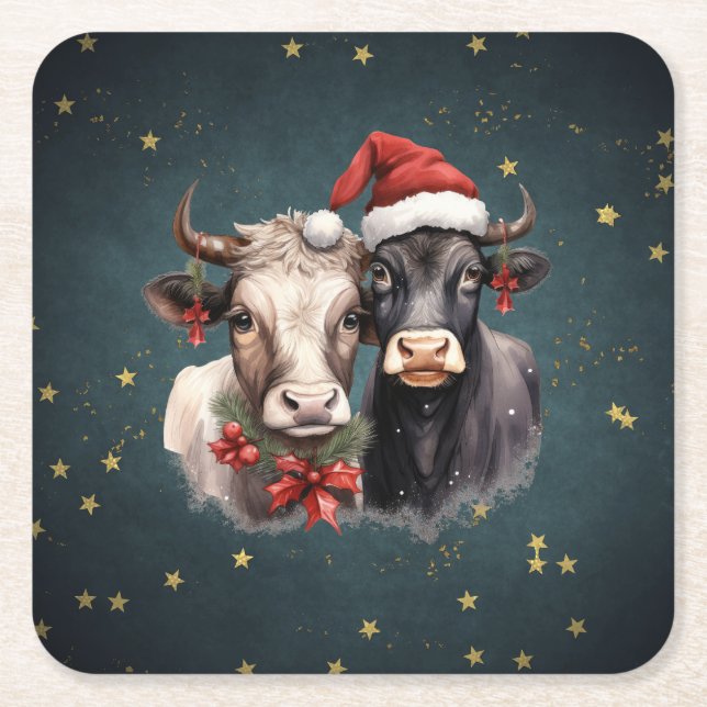 Dessous De Verre Carré Vaches de Noël mignonnes (Devant)