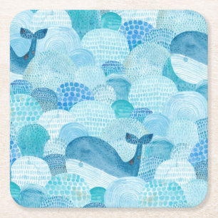 Dessous De Verre Carré Vagues, baleine, texture bleu enfantine