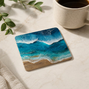 Dessous De Verre Carré Vagues de résine fausse bleue plage côtière