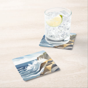 Dessous De Verre Carré Vagues déferlantes Rivage côtier rocheux Aquarel