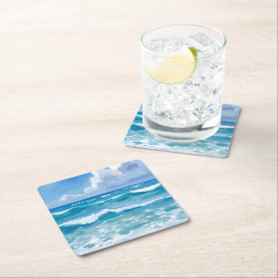 Dessous De Verre Carré Vagues océaniques Aquarelle Mariage Plage Côtière