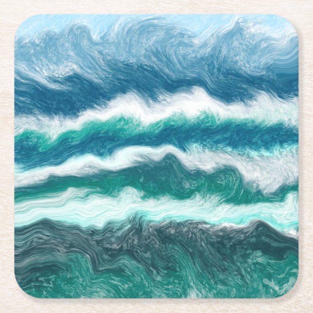 Dessous De Verre Carré Vagues turquoise et bleu océan (Devant)