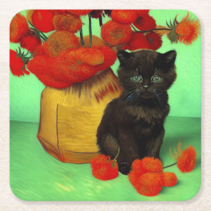 Dessous De Verre Carré Van Gogh Black Kitten Fleurs rouges