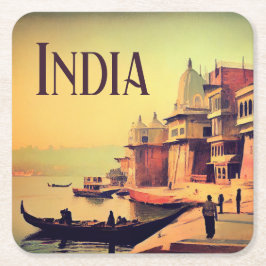 Dessous De Verre Carré Varanasi Inde Peinture Vintage