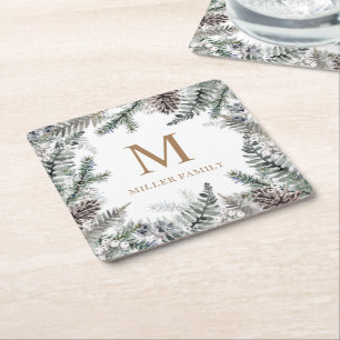 Dessous De Verre Carré Végétation d'hiver Monogramme de vacances rouges