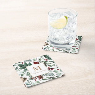 Dessous De Verre Carré Végétation d'hiver Monogramme de vacances rouges