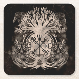 Dessous De Verre Carré Vegvisir -Yggdrasil Avec Ravens & Wolves