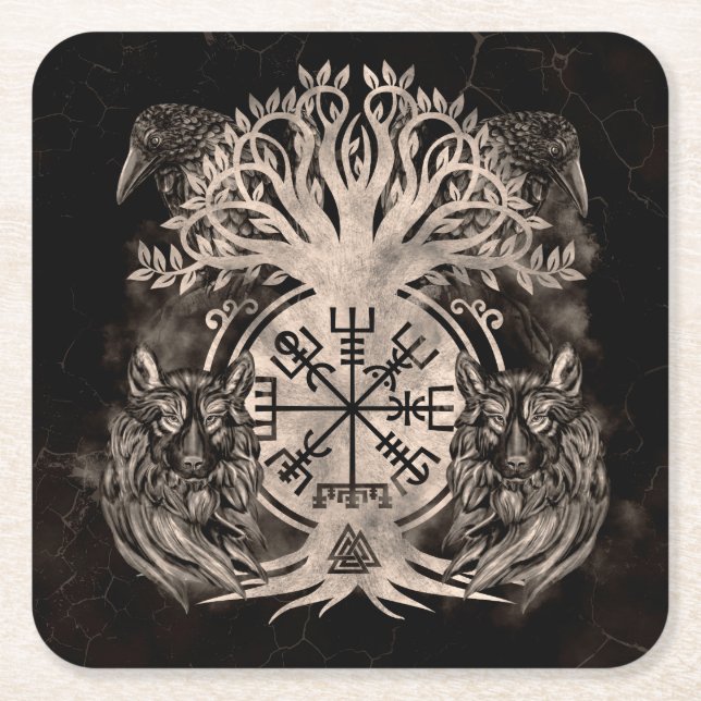 Dessous De Verre Carré Vegvisir -Yggdrasil Avec Ravens & Wolves (Devant)