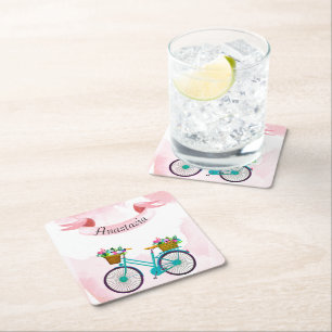 Dessous De Verre Carré Vélos à fleurs roses modernes