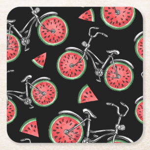 Dessous De Verre Carré Vélos à roue de pastèque, motif d'été.