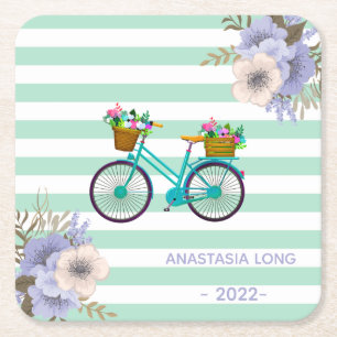 Dessous De Verre Carré Vélos Fleurs Bleues Modernes