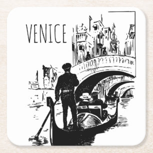 Dessous De Verre Carré Venise Italie Gondole Noir Blanc