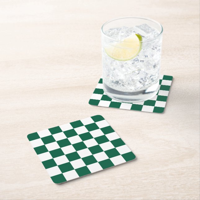 Dessous De Verre Carré Vert chasseresse et carreaux blancs (En situation)