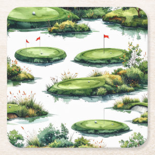 Dessous De Verre Carré Vert de putting de golf avec drapeau rouge