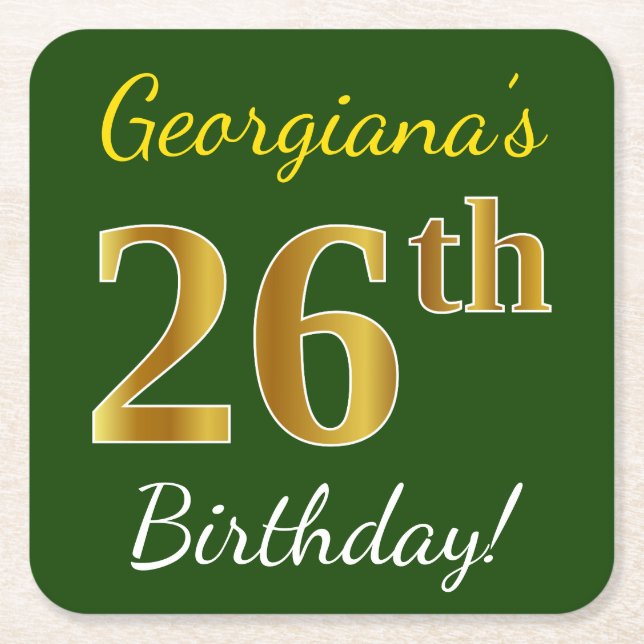 Dessous De Verre Carré Vert, Faux Gold 26e anniversaire + Nom personnalis (Devant)